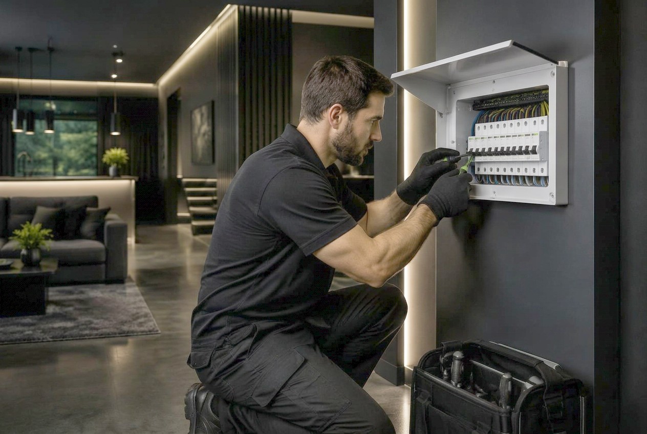 Electrician working on a fuse board